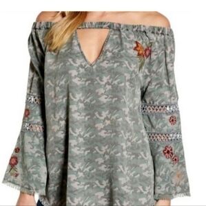 Billy T Camo Embroidered Off-the-shoulder Top